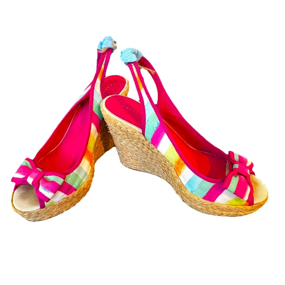 Coach Multicolor Stripe Slingback Espadrille Wedges - Pink, Yellow, Green, Blue